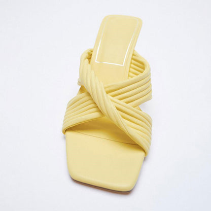 Temperament Small Pleated Pull Strap High-heeled Sandals Square Toe