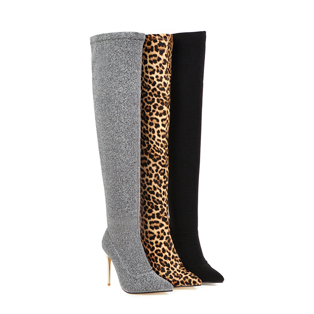 Botas por encima de la rodilla con estampado de leopardo y tacón muy alto para mujer en tallas grandes