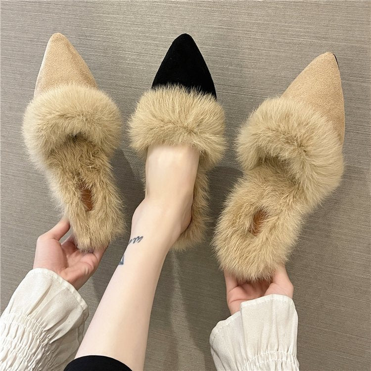 Women's Autumn Winter New Fashion Casual Pointed-toe Coarse-heeled Slippers