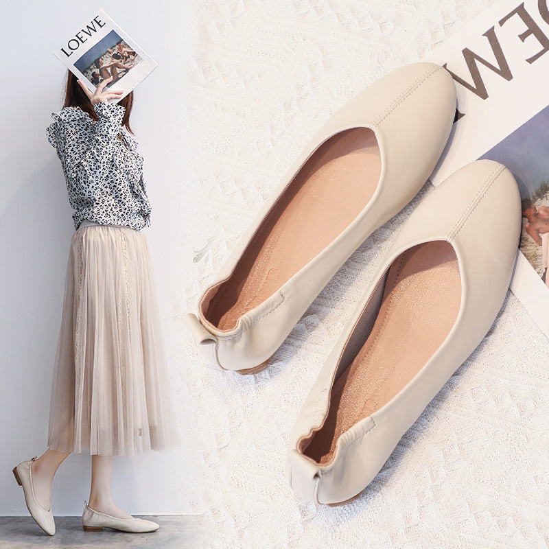 Leather Pea Single Shoes Women''s Summer Soft Bottom Flat Bottom Versatile