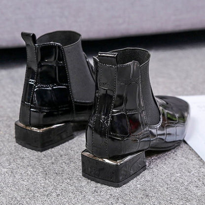 Women's Square Toe Patent Leather Soft Bottom Plus Velvet Warm Cotton Boots Mid-tube Short Boots