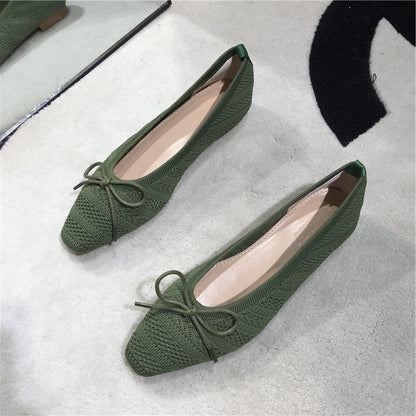 Retro Small Square Toe Bow Hollow Knit Flat Shoes