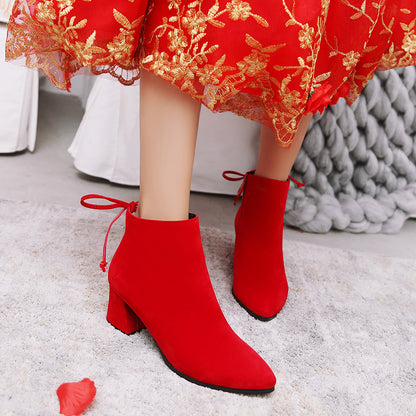 Zapatos de boda Boda de invierno Botas cortas Tacón grueso Zapatos de novia rojos Tacones altos