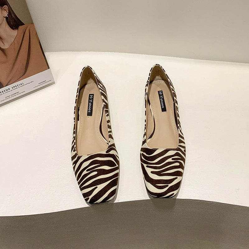 Korean Style Square Toe Zebra Pattern Thick Heel Flat Shoes Versatile Shallow Mouth