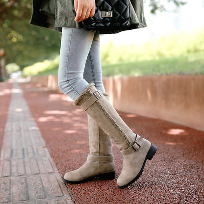 Botas de mujer con hebilla de cinturón y tacón bajo, botas de nieve de caña alta