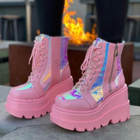 Zapatos de plataforma de caña alta para mujer, con cordones y colores a juego, talla grande