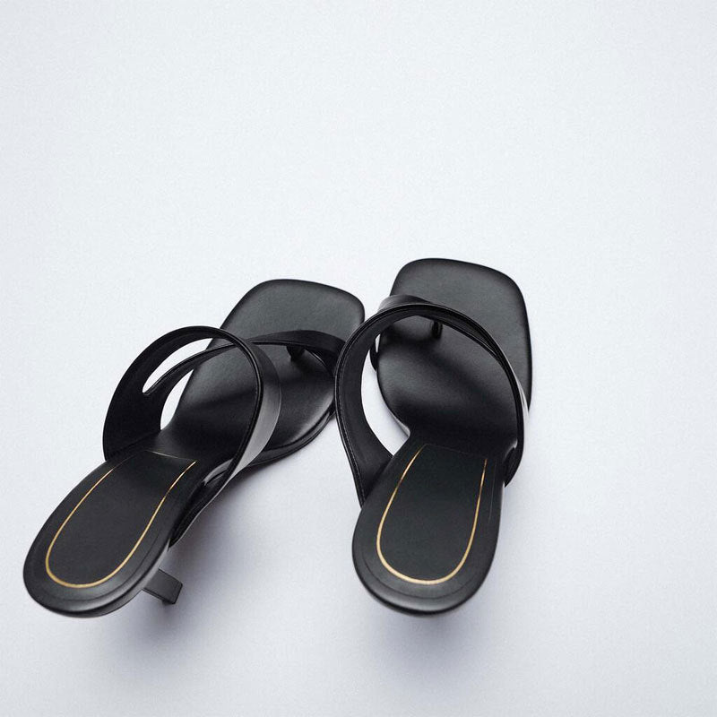 Women's Shoes Black Wild Asymmetric Belt Decorated High-heeled Sheep Leather Sandals And Slippers