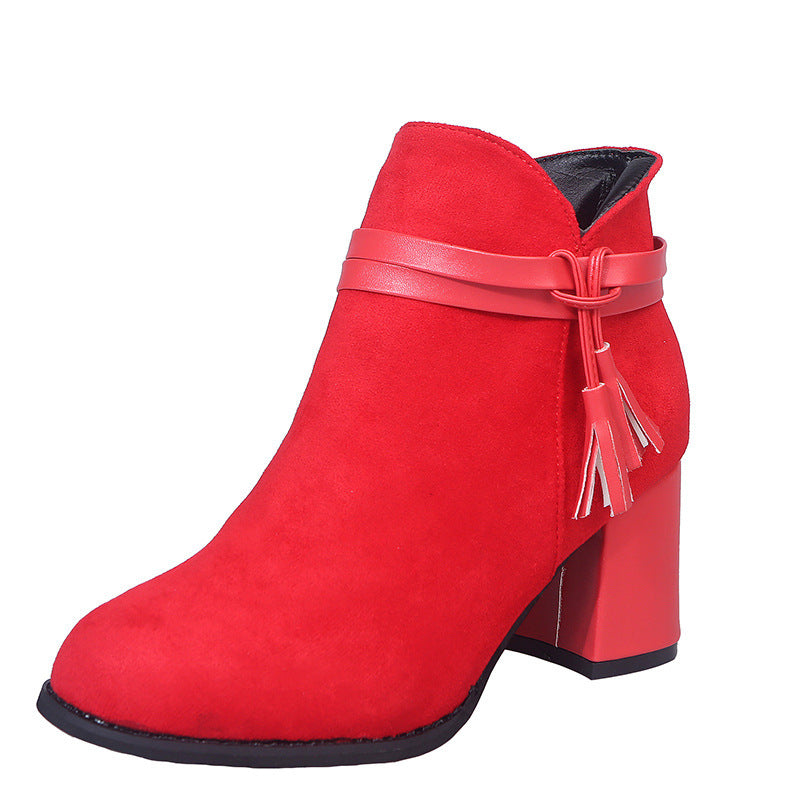 Round toe belt buckle low-top women's boots