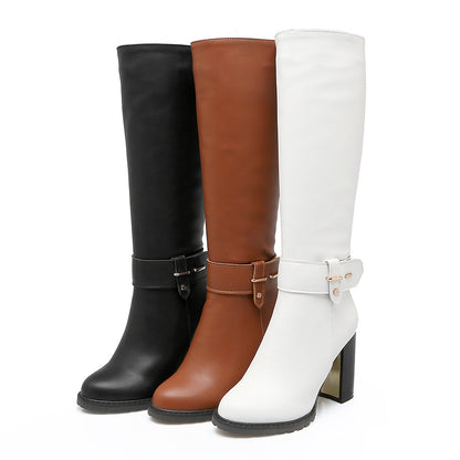 Belt buckle thick heel women's boots