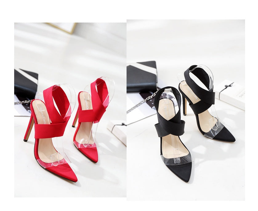 Elastic cloth cross with sexy pointed high heel sandals women's shoes