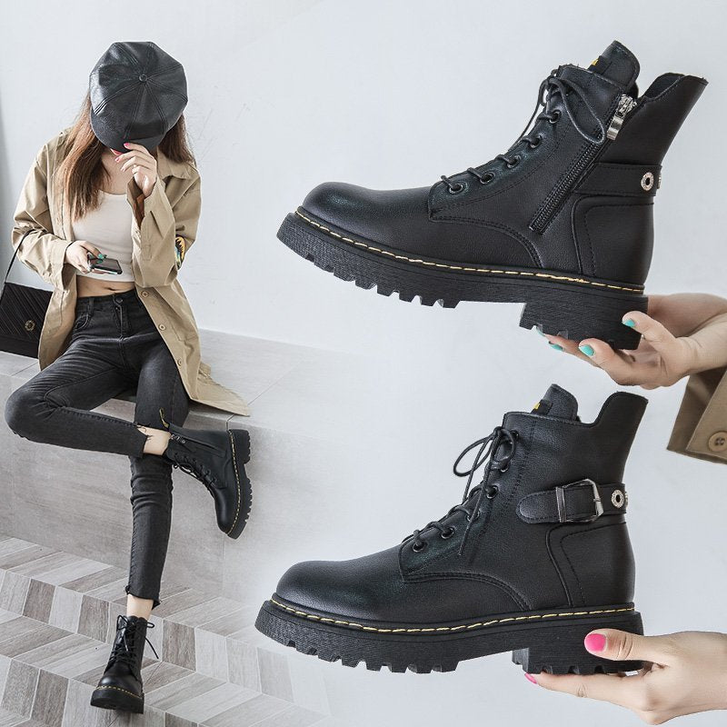 Botas Martin estilo británico para mujer, botas cortas negras estilo Harajuku con suela gruesa