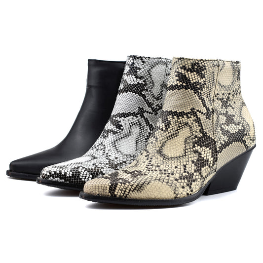 Mid-heel denim snake print ankle boots