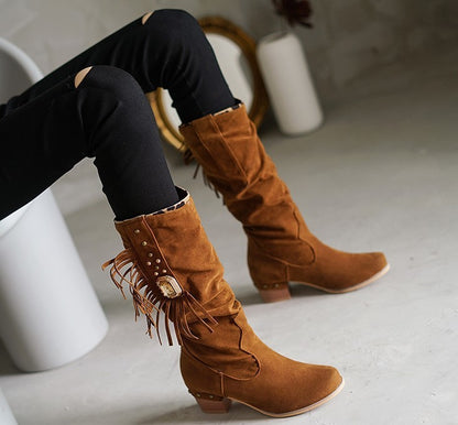 Fringed mid-tube women's boots