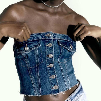 Haut tube corset en denim délavé d'automne, haut sans manches pour femme