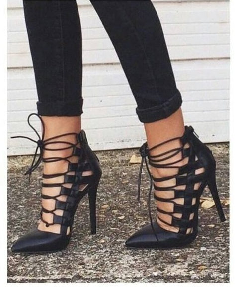 Pointed-toe high heel lace-up Roman shoes