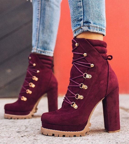 High-heel lace-up rivet short boots