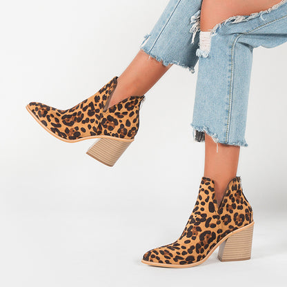 Botas cortas con estampado de leopardo para mujer, tacón alto, tacón grueso y puntiagudo