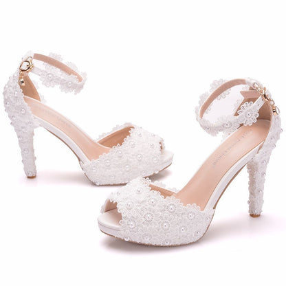 Platform lace beaded sandals stilettos