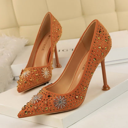 Vintage High Heel Suede Shallow Pointy Rhinestone Single Shoes