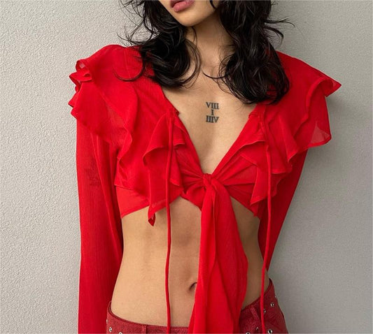 Women Clothing Spring Solid Color Long Sleeve See through Irregular Asymmetric Short Tied Top