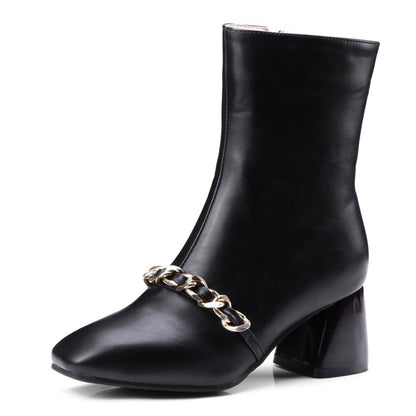 Women's thick heel short boots with metal chain decoration