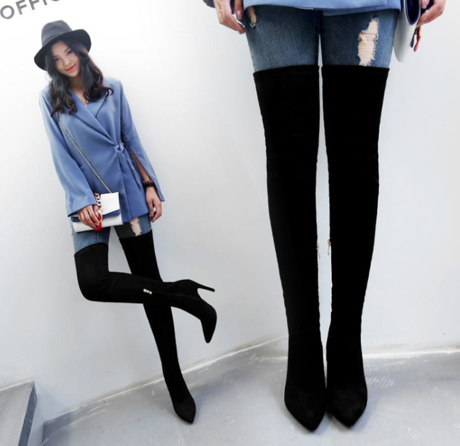 Suede and velvet high heel long boots