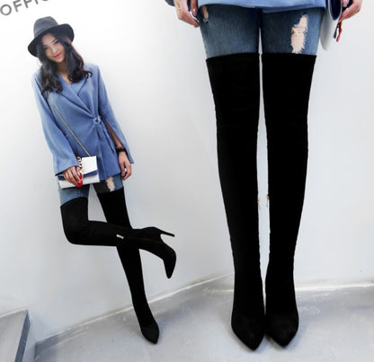 Suede and velvet high heel long boots