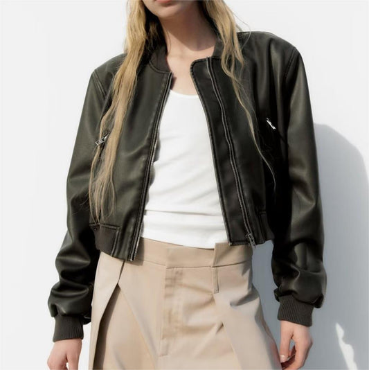 Spring Women Urban Casual Faux Leather Bomber Jacket