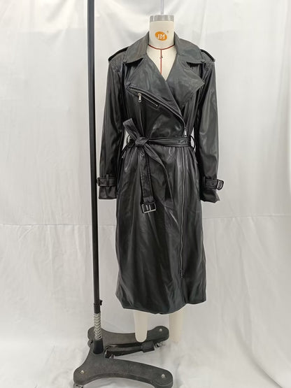 Fall Women Clothing with Belt Black Faux Leather Trench Coat