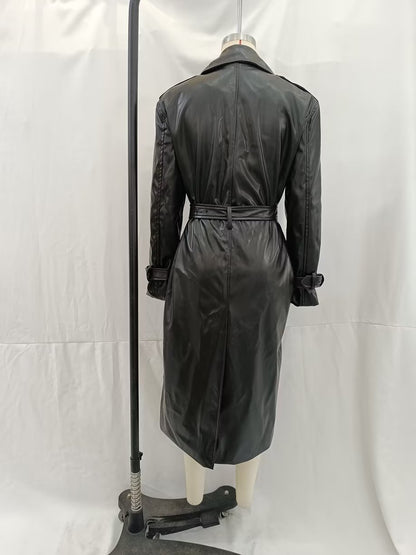 Fall Women Clothing with Belt Black Faux Leather Trench Coat