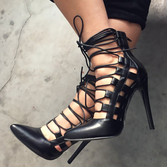 Pointed-toe high heel lace-up Roman shoes