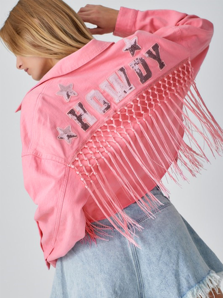 Chaqueta vaquera corta con borlas para otoño e invierno, chaqueta con letras, ropa para mujer