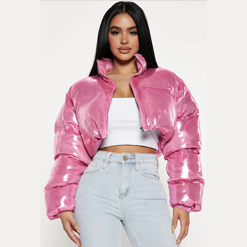 Metallic Coated Fabric Fall Women Clothing Sexy Casual Cropped Stand Collar Loose Short Cotton Coat Jacket Women