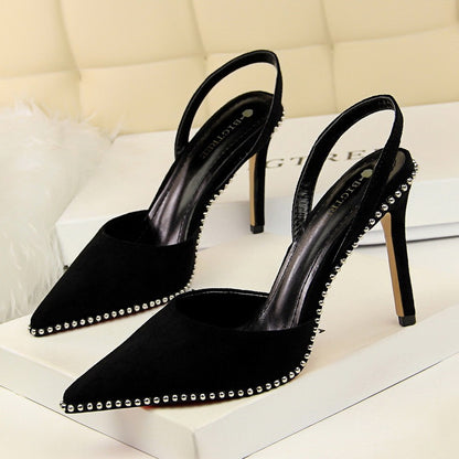 Metal beads pointed high heels stiletto black toe cap