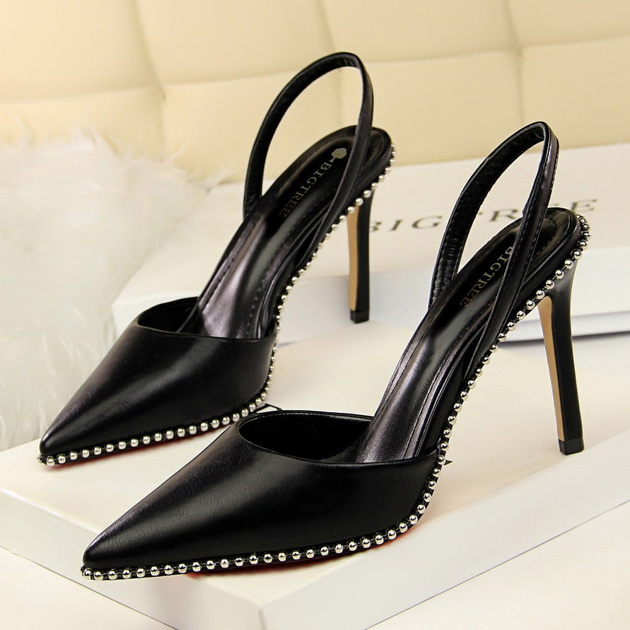 Metal beads pointed high heels stiletto black toe cap