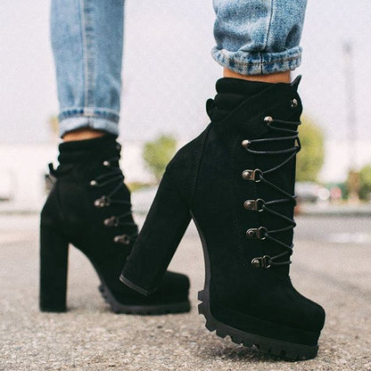 High-heel lace-up rivet short boots