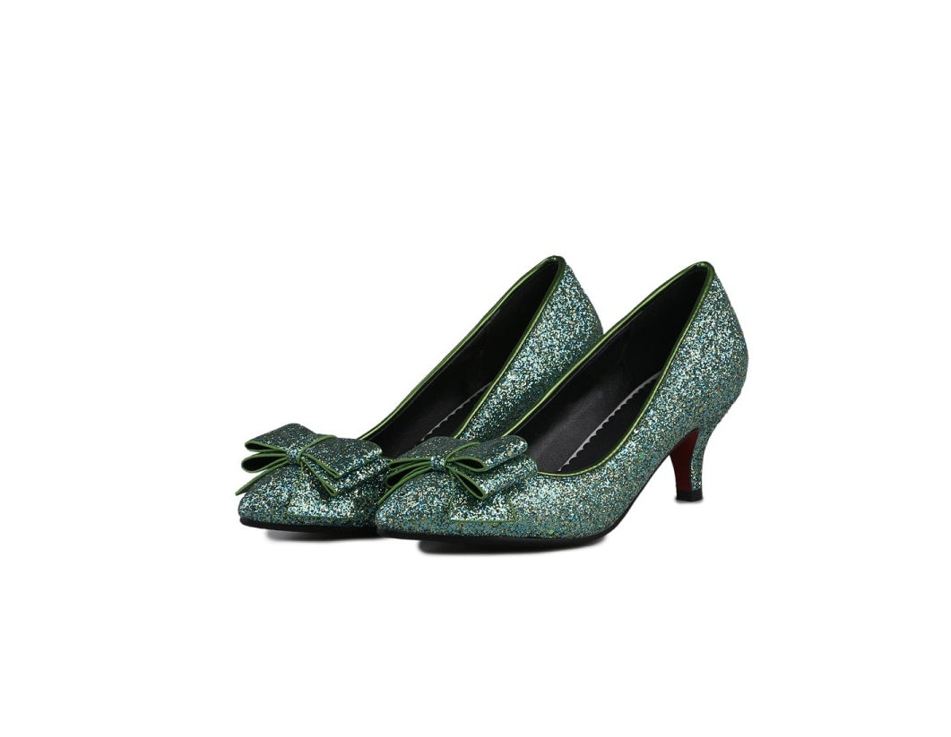 Shoes green red silver wedding shoes bow with single shoes pointed sequins extra large size shoes small code