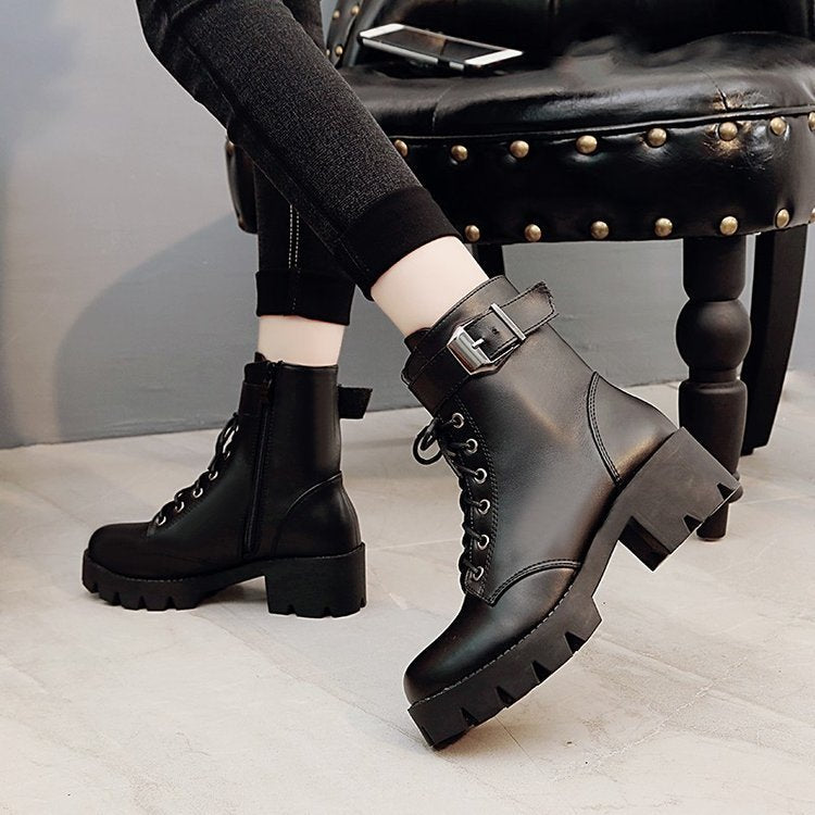 Short boots buckle thick-soled lace-up Martin boots women