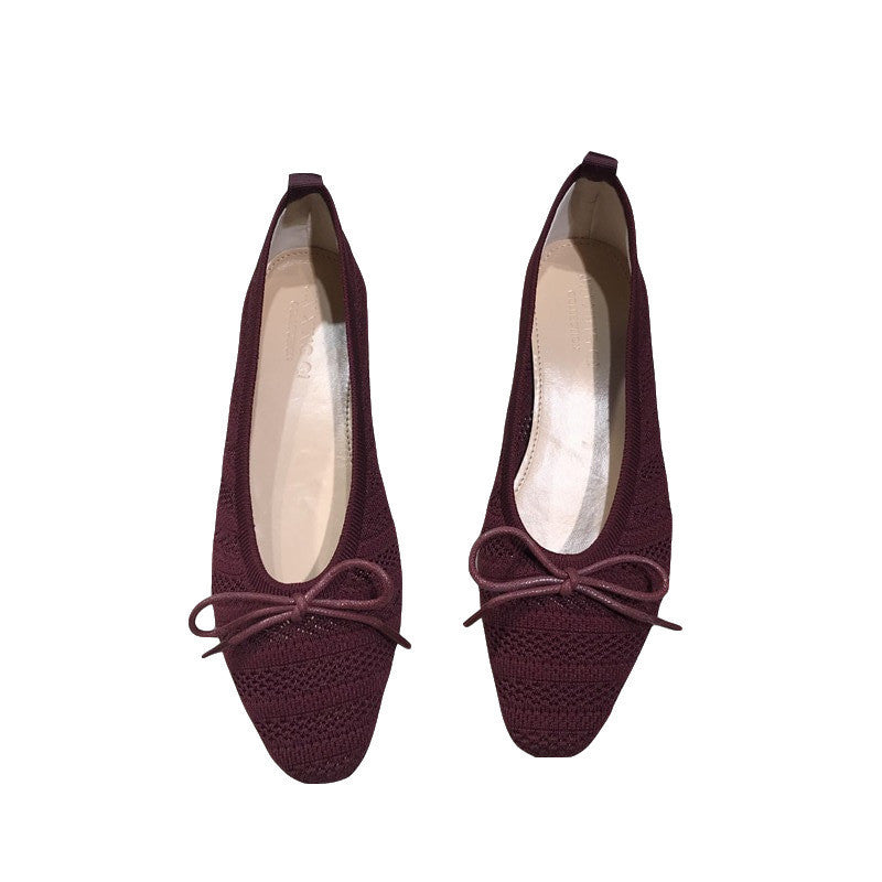 Retro Small Square Toe Bow Hollow Knit Flat Shoes