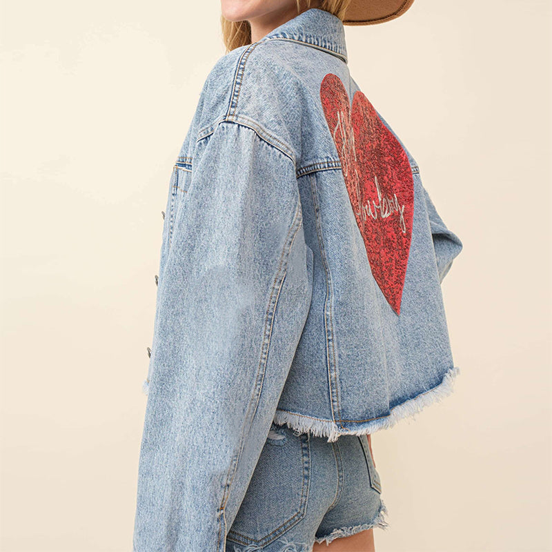 Valentine Day Love Sequin Denim Jacket Frayed Short Top for Women