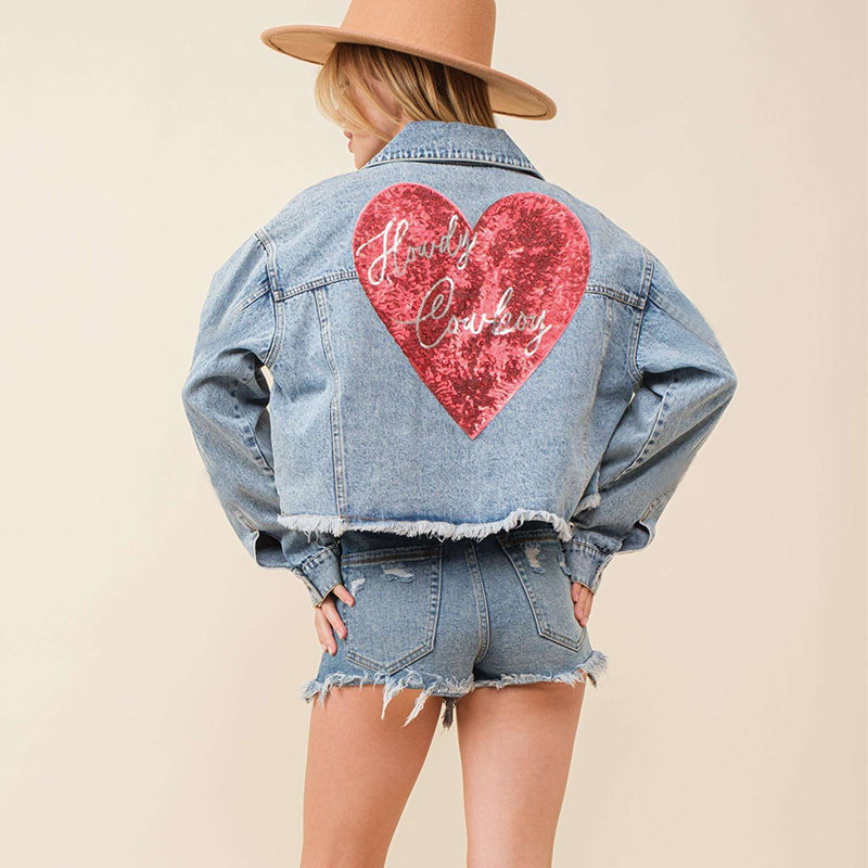 Veste en jean à paillettes pour la Saint-Valentin, haut court effiloché pour femme