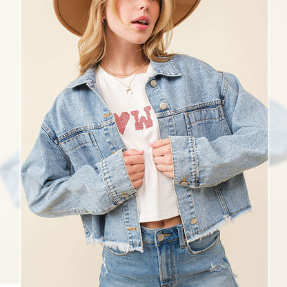 Valentine Day Love Sequin Denim Jacket Frayed Short Top for Women