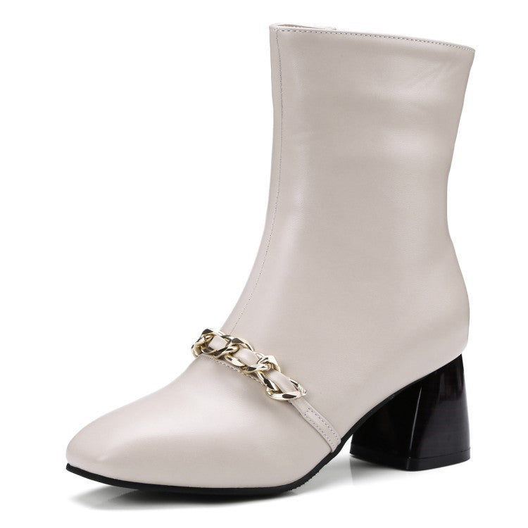 Women's thick heel short boots with metal chain decoration