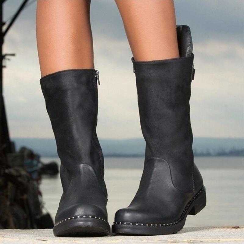 Thick-soled leather ankle boots high-top motorcycle boots