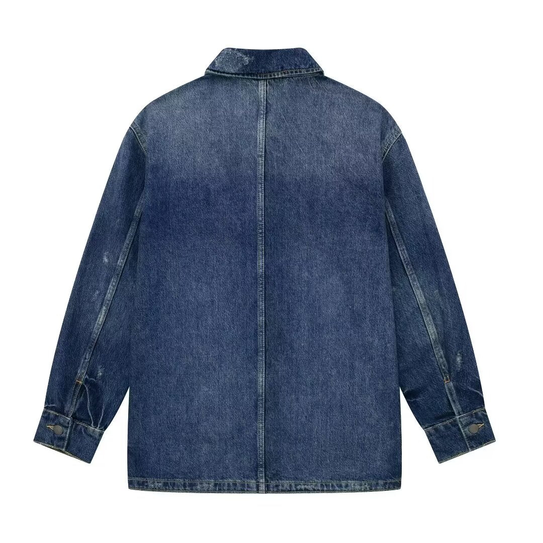 Summer Washed Blue Stitching Collared Long Sleeve Denim Jacket