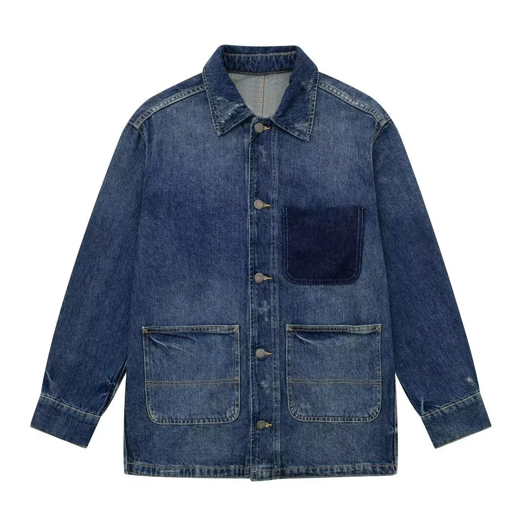 Summer Washed Blue Stitching Collared Long Sleeve Denim Jacket