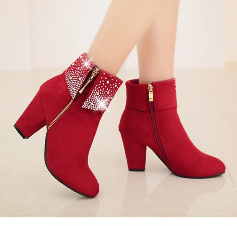 Rhinestone nubuck short heel women boots