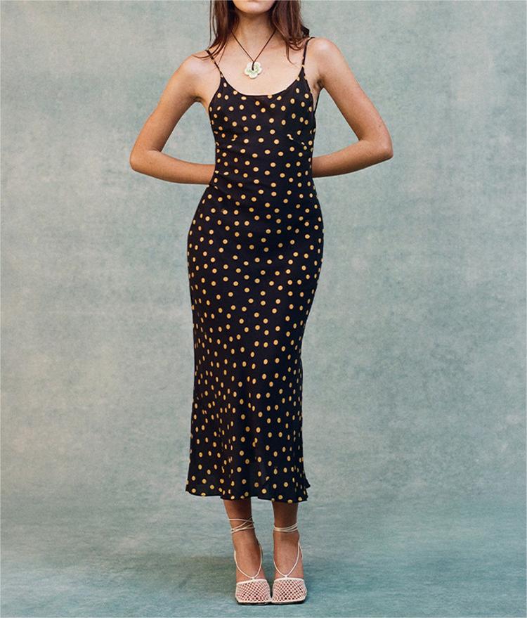 Robe d'été à pois pour femme, tenue décontractée à bretelles pour les vacances