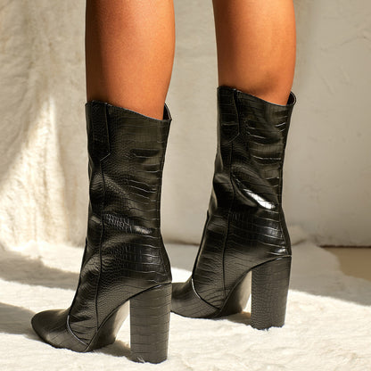 Women's mid-tube boots thick heel pointed short boots