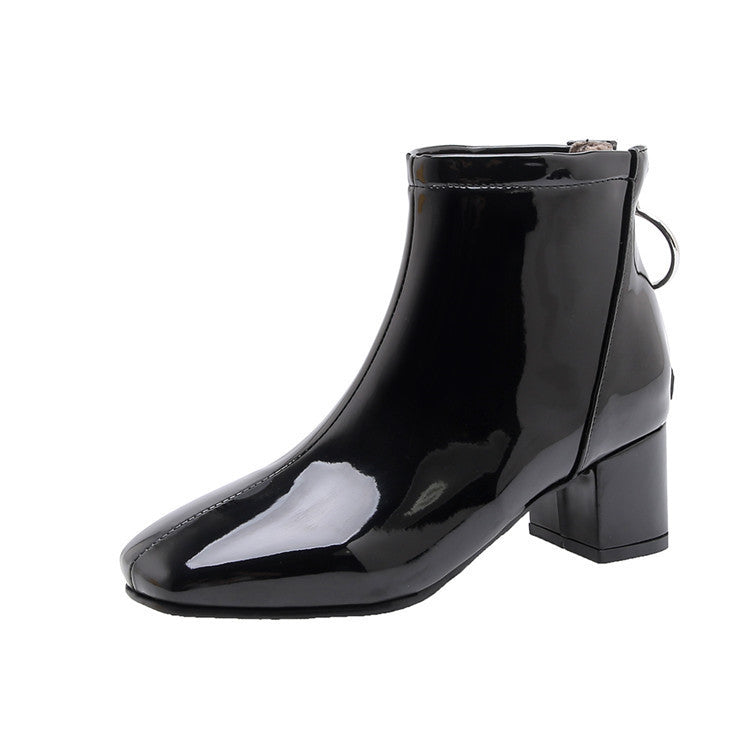 Patent leather Martin boots with square toe back zipper